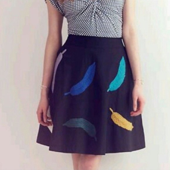 Anthropologie Girls From Savoy Navy Embroidered Feather Skirt - Picture 1 of 10
